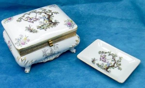 Victorian Revival Trinket Box & Tray Matching Porcelain Vintage - Picture 1 of 18