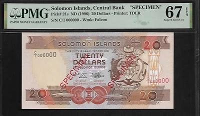 Solomon Islands Specimen 20 Dollars 1996 PMG 67 EPQ UNC P#21s Queen Elizabeth II - Image 1 of 4