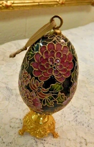 Vintage Hand Painted Floral Gold Cloisonne Porcelain 3.5" Egg w/ Brass Stand - Picture 1 of 5