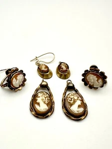 14k! Antique Victorian Shell Cameo Roman Earrings 12k Gf Shell Gold Set Handmade - Picture 1 of 5