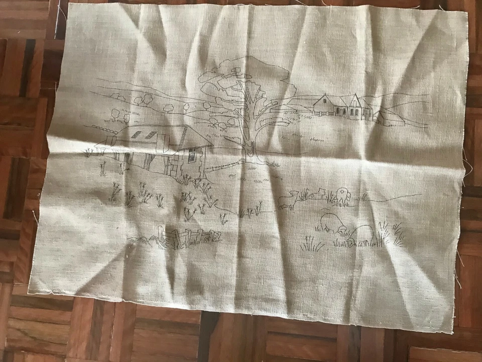 Vintage unused large natural tapestry embroidery canvas country houses bush aus - Image 1 of 4