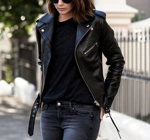 Women's Black Genuine Lambskin Real Soft Leather Biker Motorcycle Jacket - Picture 1 of 6