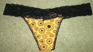 Tarea Ladies thong panty-S-NWOT-1 item-neon orange w/ black circles/lace waist - Picture 1 of 2