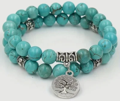 2 bracciali donna in turchese naturale con charm albero della vita in argento - Immagine 1 di 2