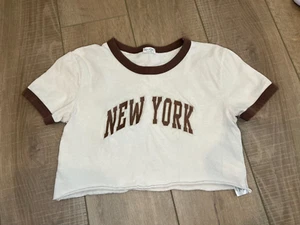 Brandy Melville New York Cutoff Crop top Ringer Style John Galt  Ivory Brown - Picture 1 of 5