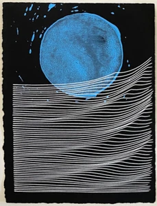Blue Full Moon Ocean Wave Line Art hand signed print Mark J Rebennack #'d 1/12 - Picture 1 of 6