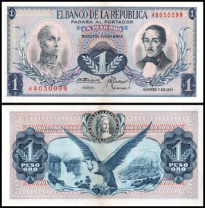 COLOMBIA 1 PESO ORO 1974 UNC LIBERTY HEAD AND CONDOR WITH WATERFALL AND MOUNTAIN - Picture 1 of 1
