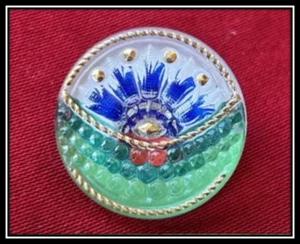 Painted Back Czech Glass Button. Gold Luster on Surface. Brightly Colored Design - Picture 1 of 6