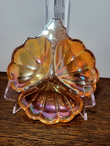 Vintage Pair of Marigold Carnival Glass Three Leaf Clover Candy Nut Trinket Dish - Picture 1 of 9