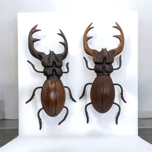 Pair Handmade Wood Metal Stag Beetle Antler Wall Hanging Sculpture Figurine - Picture 1 of 10