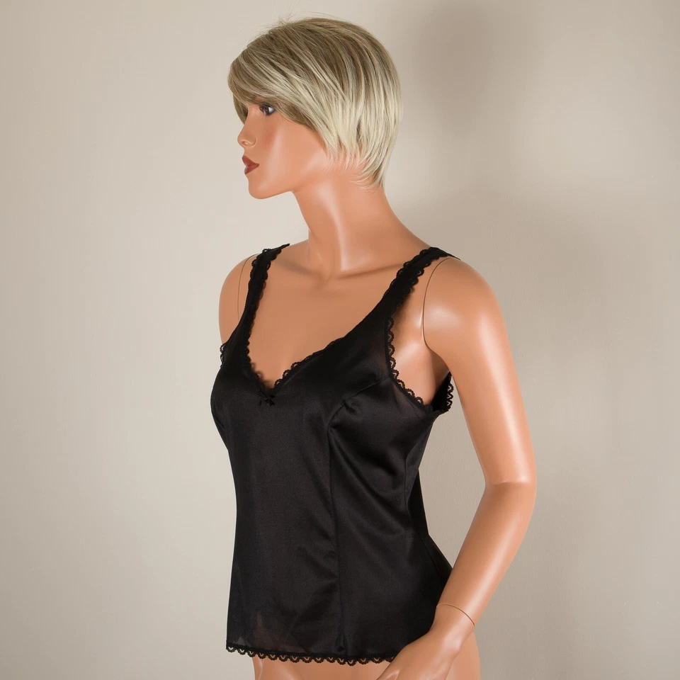 💖 ADVERTENCIAS Medida Perfecta Talla 34 Camiseta sin mangas Cami Negra Nylon Sedoso Borde de Encaje Foto 1 de 4