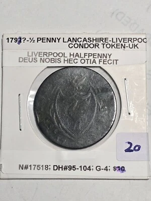 1790-1794c 1/2 PENNY LANCASHIRE LIVERPOOL SAILING SHIP CONDOR TOKEN IMO - Image 1 of 3