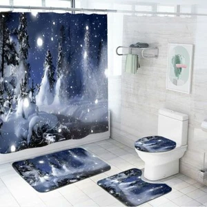 Winter Snowy Night Bathroom Shower Curtain Set NonSlip Bath Mat Toilet Lid Cover - Picture 1 of 14