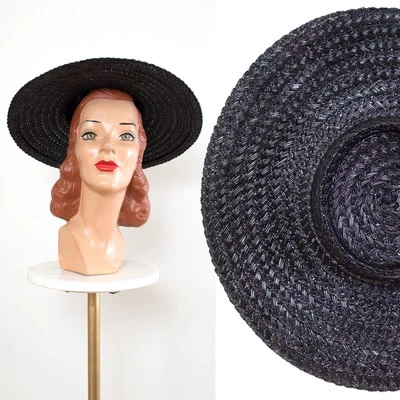 Vintage 1970s does 1950s Black Straw Wide Brim Summer Sun Hat (3 Available) - Image 1 of 4