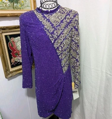 Vestido de cóctel de seda con lentejuelas y cuentas moradas talla 14 de colección Sterling para damas manga larga Foto 1 de 4