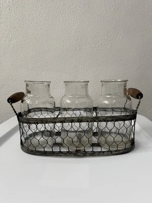 3 Glass Bottles with Chicken Wire Carrier Farmhouse Deco Wood Handles 9X5.5” - Image 1 of 4