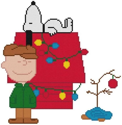 CROSS STITCH+ CRAFT PATTERN Charlie Brown Snoopy Dog House Christmas Tree Lights - Image 1 of 4