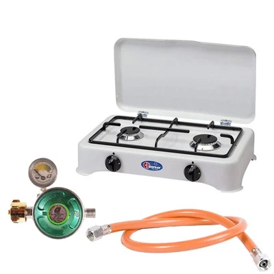 Parker Gaskocher Campingkocher 2 flammig 3,4 kW 50 mBar Schlauch und Regler Set  - Bild 1 von 3