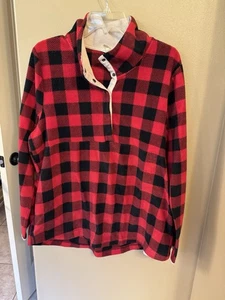 Entro Damen rot/schwarz karierter Fleecepullover 1/4 Druckknopf Sweatshirt Damen XL - Bild 1 von 6