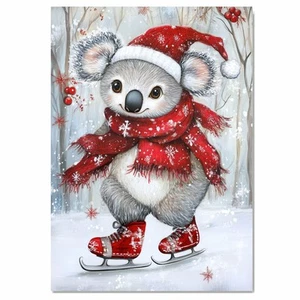 Christmas Koala Ice Skating Winter Art Flat Rolled, Framed Or Wrapped Canvas - Picture 1 of 19