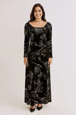 VTG Y2K Black Velvet Maxi Dress Sz 12 Metallic Gold Print Whimsigoth USA - Image 1 of 4