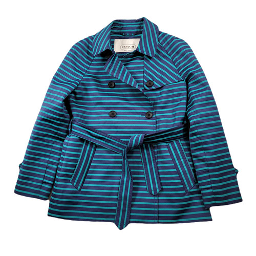 Coach trench corto doppiopetto donna blu medio righe cintura pavone