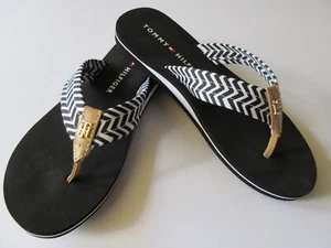 Tommy Hilfiger TWCHILL-N Black With Black & White Fabric Strap Flip Flop New - Picture 1 of 4