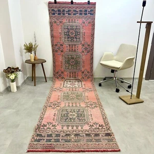3x11 Pink Floral Vintage Runner, Turkish Runner, Handmade Wool Rug, Oushak Rug - Picture 1 of 11