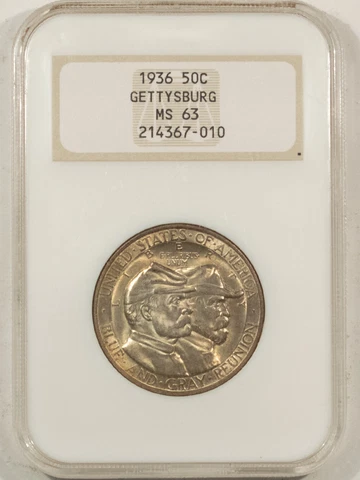 1936 GETTYSBURG COMMEMORATIVE HALF DOLLAR, NGC MS-63, OLD FATTY, PREMIUM QUALITY Cover