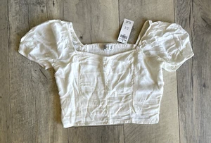 NWT HOLLISTER Abercrombie Sweetheart Puff Sleeve Ruched Crop Top Blouse Shirt S - Picture 1 of 5