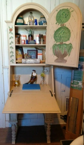 Antique Secretary Desk Hutch Hand Painted Topiary, Thin, Accordian Slides Unique Cover