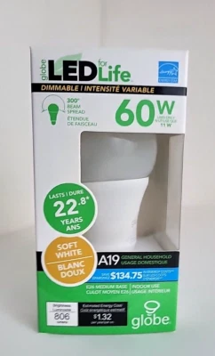 Globe®  LED Dimmable Light Bulb 11W (60 W) 806 Lumens Soft White A19 - NEW - Image 1 of 4