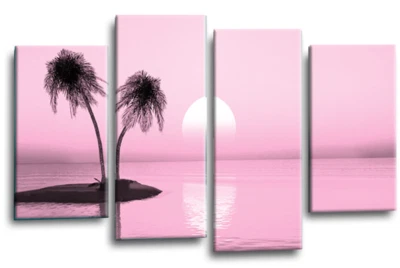 Large Seascape Sunset Love Art Print Pink Cream Framed Split Canvas Picture - Image 1 of 4