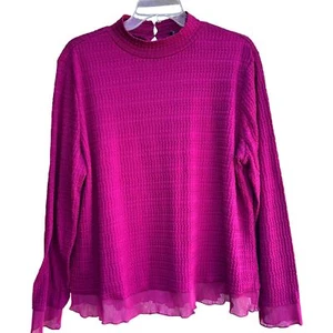 Calligraphie Waffle Textured Blouse XL Fuchsia Crinkle Hem Keyhole Button Back - Picture 1 of 11