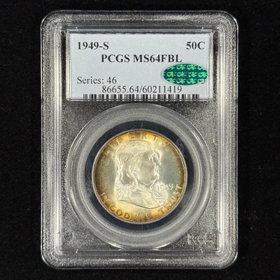 Medio dólar Franklin 1949-S 50C MS64 FBL PCGS CAC tonificado - hermoso tono PQ Foto 1 de 2
