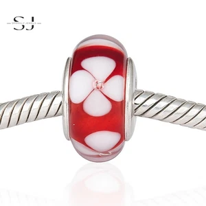 925 Sterling Silver Red & White Murano Glass Charm Bead for Charms Bracelets - Picture 1 of 2