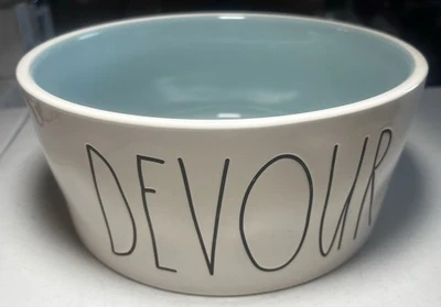 Teal & White Rae Dunn "Devour” Dog/Cat Food/Water Dish Bowl. Foto 1 de 4