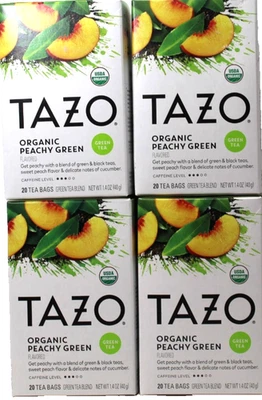 4 PK Tazo Organic Peach Green Tea, 20 Tea Bags Per Box exp 4/8/27 - Image 1 of 2
