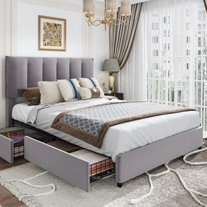 Full Size Bed Frame with 4 Storage Drawers, Adjustable Height Headboard, Heav... - Picture 1 of 8