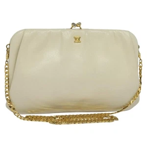 CELINE Chain Shoulder Bag Leather Vintage White Gold Auth BA5291 - Picture 1 of 21