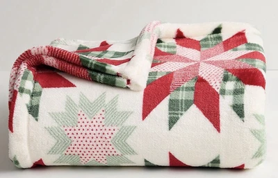 STAR PATCHWORK Red Green Tan 5x6' Oversized THROW BLANKET The Big One BRAND NEW! - Image 1 of 3