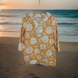 Charter Club Women’s Medium Orange Linen Tunic Blouse Top Embroidered Floral Seq - Picture 1 of 15