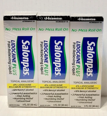 3x Salonpas Plus 3oz cada uno, líquido para aliviar el dolor enrollable 4% caducidad: 02/2026 Foto 1 de 4