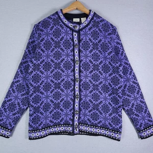 LL Bean Sweater Womens Medium Purple Merino Wool Fair Isle Cardigan Knit Grandma - Picture 1 of 6