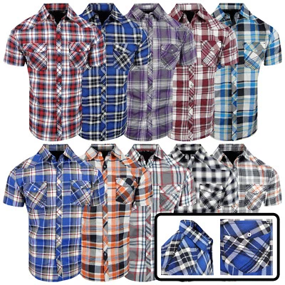 Plaid Western Shirt Short Sleeve Men Embroidered Pocket Shoulder Button Slim Fit - Image 1 of 4