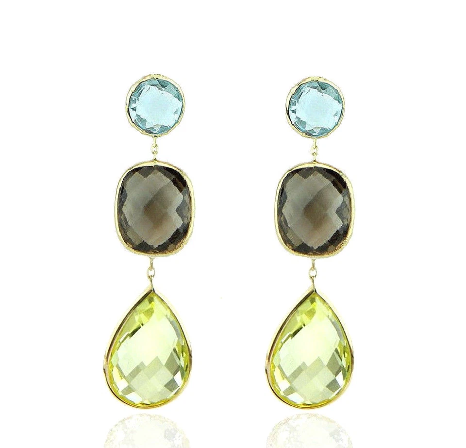 14K Yellow Gold Gemstone Earrings With Smoky, Lemon And Blue Topaz - Image 1 of 1