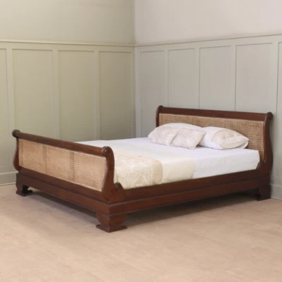 Solid Mahogany French Sleigh Bed with Rattan Headboard And Footboard NEW B012 - Image 1 of 4
