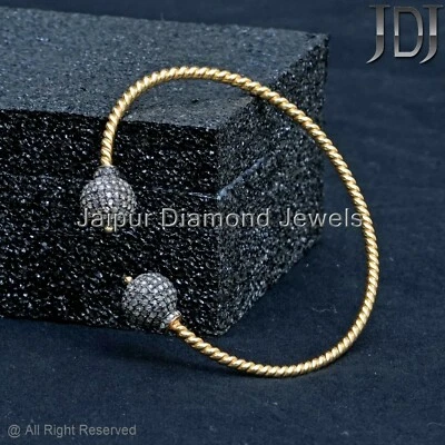 Natural Pave Diamond 925 Silver Stackable Open Cuff Minimalist Jewelry Bangle - Image 1 of 4