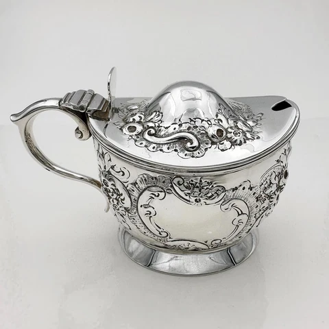 LARGE MUSTARD POT EMBOSSED STERLING SILVER GEORGE III London 1787 G G H G Cover