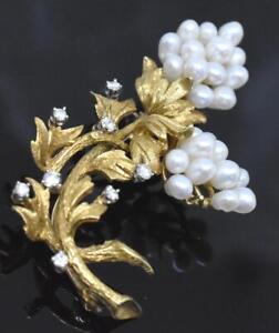 Beautiful Retro Kurt Wayne 18k Yellow Gold Diamond Pearl Cluster Flower Brooch